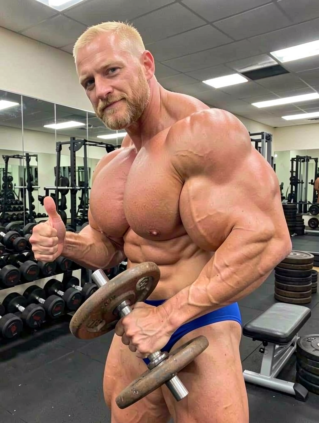 Un culturista muy musculado posa en un gimnasio frente a un espejo, con iluminación de techo y filas de mancuernas al fondo, mostrando un físico extremadamente definido con pecho, hombros, bíceps, antebrazos, abdominales y muslos muy marcados y vascularizados. Lleva un bañador azul tipo posing trunks y sostiene una mancuerna desmontable con discos metálicos en una mano mientras levanta el pulgar con la otra, mirando directamente a la cámara con expresión seria y segura. El entorno incluye bancos de entrenamiento, soportes de pesas, discos apilados y máquinas de fuerza, reforzando una escena de culturismo, entrenamiento intenso, hipertrofia muscular y preparación física en sala de pesas.