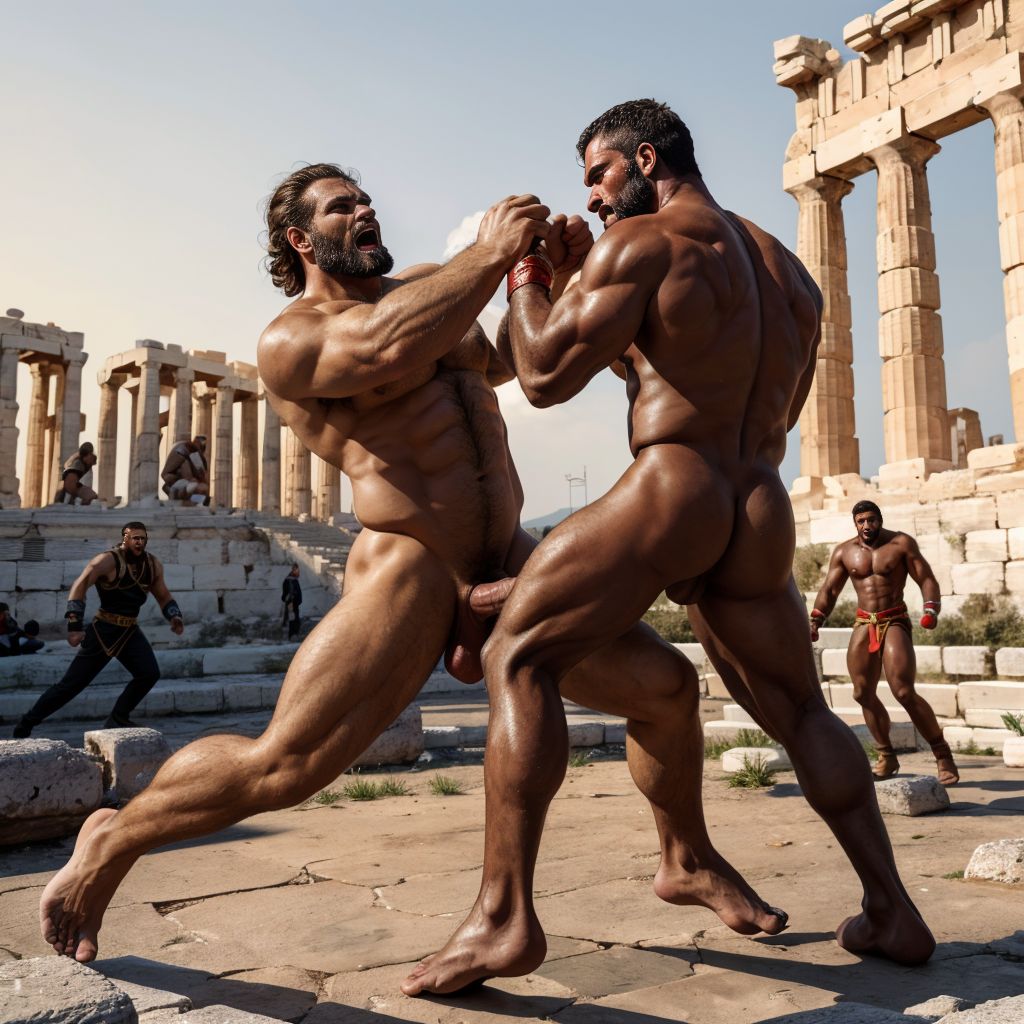 Harmodio y Aristogitón están desnudos. Tienen grandes testículos muy velludos. Luchan contra Hipias e Hiparco en Atenas. Luchan y saltan para dar puñetazos en el abdomen. Golpean con sus grandes penes. Son musculosos pero están delgados y bronceados. Tienen mucho vello por todo el cuerpo.