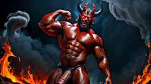 Diablo Satanás desnudos con pene grande y testículos grandes. Dobla el brazo derecho para enseñar los bíceps del brazo derecho con gran orgullo. Tiene mucho vello por todo el cuerpo. Está bronceado. Tiene alas de diablo negras y rojas oscuro. Los brazos están hacia arriba implorando rayos y fuego. Tiene un chorro de fuego en el pene que sale a chorros rojos hacia arriba de su pene erecto tieso hacia arriba. Sus ojos son grandes y rojos. Tiene testículos grandes y oscuros. Está rodeado de llamas y humo. Tienen cara de maldad y con barba. Está delgado. Está con los huevos gordos a la vista. Cuernos de diablo. Está acostado en horizontal sobre llamas de fuego en