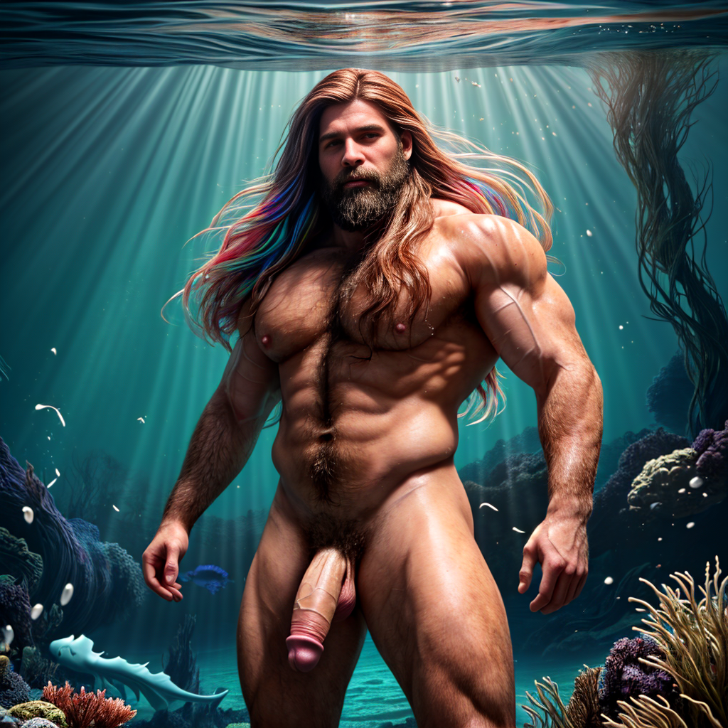 Foto hiperrealista en 8k. Un hermoso hombre sirena musculoso de pie muy velludo con cabello largo colorido y un pene grande y testículos grandes . Nada en un bosque submarino de algas marinas, con el cabello flotando ingrávidamente detrás de él, mientras la luz del sol de la superficie se filtra y salpica el entorno.