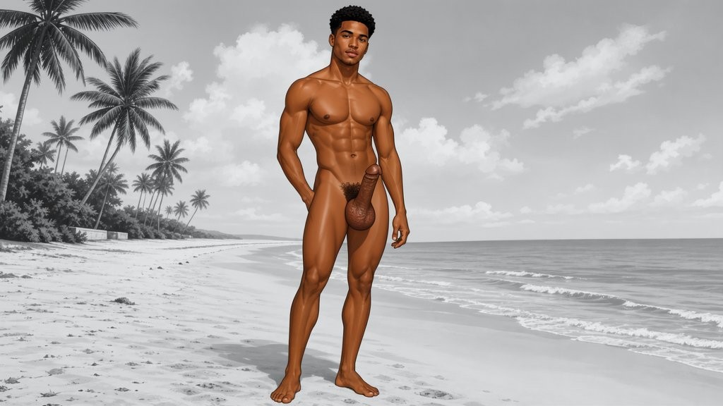 A muscular dark-skinned man poses standing on a tropical beach, bare-chested, with defined abs and athletic legs, looking directly ahead with a serene expression. He wears a minimal brown loincloth- or jockstrap-like garment that covers the penis and leaves almost all of the hips and thighs exposed. He is barefoot on the light sand, by the seashore with small waves breaking gently. In the background there are tall palm trees, coastal vegetation, and a cloudy sky, creating a striking contrast between the body in color and the beach landscape in gray tones.