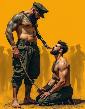 Dibujo realista. Amo barbudo tatuado e hiper masculino, muy musculoso pero muy delgado, con arnés. Tiene un gran pene erecto. Lleva gorra militar y lleva anillos en los pezones, Un esclavo de rodillas. Respeta la forma y la proporción del cuerpo y se fiel a la forma real sin distorsiones. Fondo de color ocre con hombres militares desnudos con sus penes a la vista del espectador y con los reflejos de las sombras de los cuerpos del amo y el esclavo. El amo y el esclavo tienen pene de 40 cm de longitud o y 7 cm de diámetro.