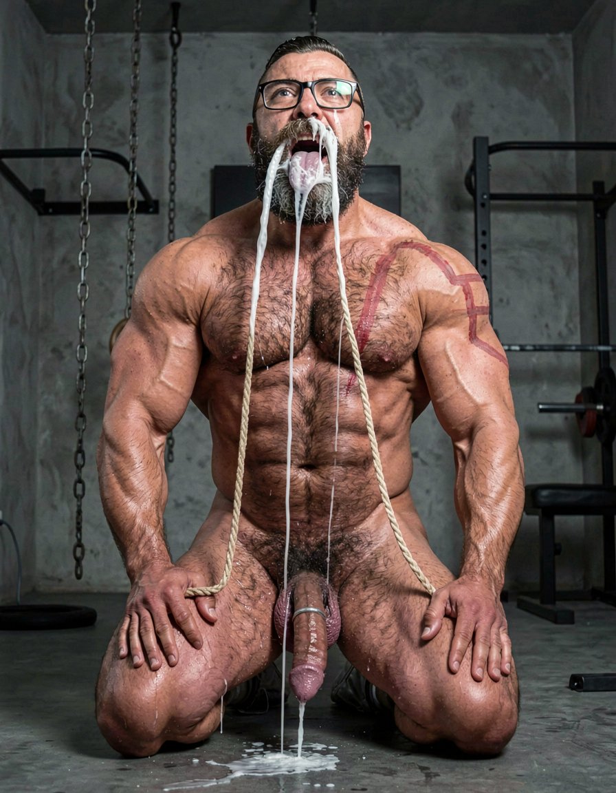 Hyperrealistic cinematic photograph, dramatic low-angle shot from slightly below, full body visible with perfect anatomy and zero distortions. Dark brutal dungeon gym with concrete walls, hanging chains and BDSM equipment in the background, strong side lighting creating hard shadows and sweat highlights.

Hipsterbarba stands dominant in the center, 40 years old, 180cm, 80kg, 8% body fat, powerful muscle bear body covered in dense dark hair on chest, shoulders and abs. Long thick Bandholz beard reaching almost to his chest, handlebar mustache, black glasses, serious and superior expression. Your right hand is gripping your thick veiny cock, still pulsing after the orgasm. Thick ropes of white cum are shooting powerfully from the tip of your cock.

Anil is on his knees right in front of you, 25 years old, extreme bodybuilder slave, 175cm, 80kg, 6% body fat, completely smooth tanned skin from the neck down. Massive 127cm chest, eight-pack abs, huge veiny arms and thick quads. He has his head tilted back, mouth wide open, tongue fully extended, eyes looking up at you with total submissive adoration mixed with fear. His face is being completely covered by heavy thick streams of your cum: one rope landing directly on his tongue, another across his nose and forehead, more on his cheeks, lips and chin. Cum is dripping down his face onto his massive pecs. The metal cock ring is still tight around the base of his own swollen purple cock, which is leaking precum onto the floor. Fresh red whip marks visible across his back and shoulders. His expression is that of a completely broken, addicted, lovesick slave.

Extreme photorealistic detail, visible cum strands in mid-air, sweat, cum texture, raw domination and humiliation.