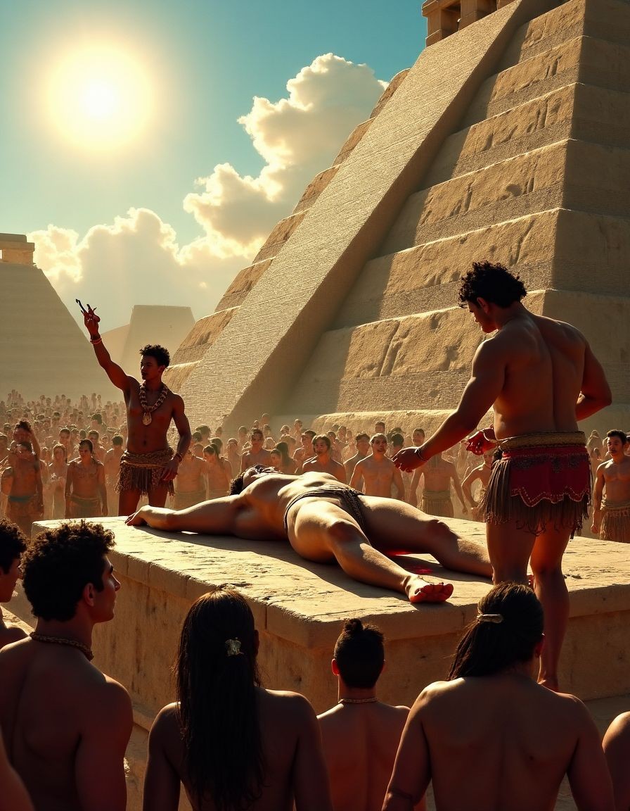 A ceremonial scene at the foot of a huge stone pyramid under an intense sun, with a crowd gathered around an elevated platform where a naked person lies face down, motionless, illuminated by golden light. Several figures in ritual attire, necklaces, bracelets and decorated loincloths participate in what appears to be a sacrifice or ancient religious rite; one of them raises an arm with an object while another leans near the prone body. The monumental architecture, the stepped blocks, the dust in the air and the semi-naked spectators evoke a pre-Columbian civilization, with a solemn, dramatic atmosphere charged with ceremonial tension.