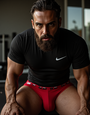 Un deportista masculino atlético de 30 años, con cabello castaño oscuro peinado hacia atrás y una barba bien definida que enmarca su rostro varonil, lleva puesta una ajustada camiseta negra de compresión de Nike que resalta su torso atlético y musculoso. La camiseta se ajusta a su cuerpo, destacando sus grandes pectorales y abdominales marcados, y su barba acentúa su mandíbula cuadrada y su mirada intensa. También lleva unos jockstrap rojos de Lycra de Nike que se ajustan a sus muslos y glúteos, dejando poco a la imaginación y realzando su erección inmensa, que crea un bulto visible en los calzoncillos, sugiriendo una excitación intensa. La combinación de la ropa deportiva ajustada y la erección prominente crea una imagen de sensualidad y potencia física. La iluminación resalta cada detalle de su anatomía, desde la textura de su barba hasta la tensión de sus músculos bajo la ropa, capturando la escena en un estilo hiperrealista con detalles de alta calidad, con un enfoque en la nudez y la sensualidad del deportista. La imagen es tan detallada que se pueden apreciar las gotas de sudor en su piel, el brillo de sus ojos y la textura de su ropa, lo que crea una sensación de inmediatez y realismo.