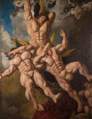 Pintura barroca. calidad fotográfica. Siglo XVII. Hombres  desnudos muy fornidos y musculosos volando con alas como si fueran ángeles y demonios, caen en el nefando vicio de la lujuria, aparecen desnudos con los genitales  al aire, la composición tiene los colores y el aspecto de un óled barroco