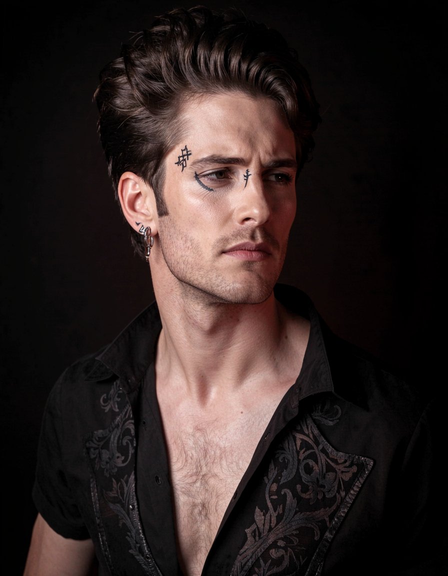 close-up of a man's neck exposed, head slightly tilted back, soft shadows, pale skin, gothic sensual atmosphere, low light, deep blacks, subtle red glow, cinematic lighting, mysterious, elegant, non explicit, focus on neck and collarbone

clean composition, luxury dark poster style