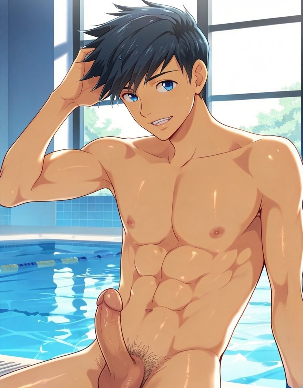 Joven de estilo anime con el torso desnudo junto a una piscina cubierta, con piel mojada y brillante, abdomen muy definido, brazos musculados y cabello negro despeinado que aparta con una mano mientras mira de frente con ojos azules y una sonrisa insinuante. Está completamente desnudo, sentado o reclinado cerca del agua, con el pene erecto visible en primer plano y vello púbico oscuro. El fondo muestra carriles de natación, azulejos azules, reflejos luminosos en el agua y grandes ventanales que dejan entrar luz natural, creando una escena de vestuario o piscina interior con estética sensual y deportiva.