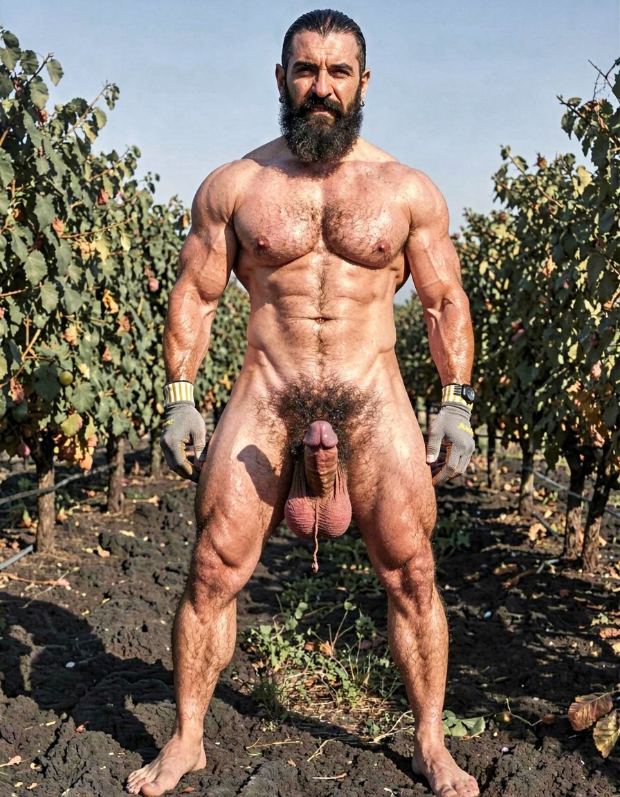 A hyper-realistic full-body vertical photograph taken in harsh midday Santorini sunlight over black volcanic soil between rows of Assyrtiko vines. Dimitris, 32, stands completely naked except for grey work gloves with yellow and white stripes, feet planted wide apart on the dark earth, toes gripping the soil. Shot from a low frontal angle so every inch from his big dirty feet to the top of his head is visible without cropping. His body is at 5% body fat, extremely muscular competition physique: huge veiny traps and shoulders, massive hairy pecs, eight-pack abs partially covered by dense black curly body hair that runs from his neck all the way down to his toes. Extremely thick black pubic bush, massive thick veiny Greek cock rock-hard and pointing upward almost touching his abs, swollen purple glans shiny with precum, a long clear drop hanging from the slit. Heavy low-hanging hairy balls. Thick black hair covers his powerful thighs, calves and feet. His face is pure predator: long thick connected black beard and mustache, short jet-black hair with shaved sides, dark intense eyes looking straight at the viewer, small silver earring in left ear. Skin deeply tanned and covered in sweat that makes the dense body hair glisten. Every muscle, every strand of wet black hair, every vein is razor sharp under the direct Mediterranean sun. Maximum photorealistic detail, vertical composition showing the entire body head to toe with no cropping.