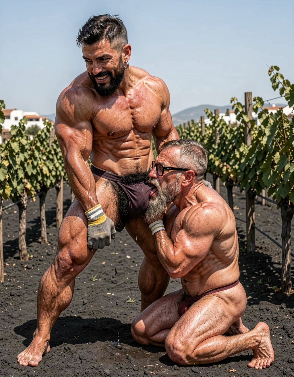 A hyper-realistic full-body vertical photograph captured in brutal direct midday Mediterranean sunlight inside a Santorini vineyard on black volcanic soil between rows of Assyrtiko vines. Dimitris, a 32-year-old Greek vineyard worker with extreme competition-level muscularity at 5% body fat, stands powerfully bent forward with his thick legs spread wide, completely naked except for grey work gloves with yellow and white stripes. He firmly pulls his own hard, round, muscular glutes apart with both gloved hands, fully exposing his dark wrinkled hairy asshole surrounded by dense wet black curly hair. His massively developed back is perfectly arched, traps, lats, obliques, glutes and hamstrings violently pumped and vascular with every striation and vein visible under a thick glistening layer of sweat. Thick black body hair covers his entire ass, lower back, legs and heavy balls, matted and shiny from sweat. He looks back over his left shoulder with a dominant arrogant smirk, thick black beard, short jet-black hair with sharp faded sides and silver hoop earring. Directly behind him, Hipsterbarba, 45 years old, completely naked except for black thick-rimmed glasses, is on his knees with his face buried between Dimitris’ spread cheeks, actively giving him a deep wet beso negro. Hipsterbarba’s long salt-and-pepper hipster beard is pressed against the hairy hole, his tongue visibly extended and licking deep inside the wrinkled asshole with saliva dripping down the crack. Hipsterbarba’s own dry fibrous highly vascular 8% physique is fully tensed, hairy pumped chest and shredded abs still covered in dried cum from earlier. Both men glisten with realistic sweat beads catching the harsh sunlight, creating strong specular highlights and deep anatomical shadows on every muscle, strand of wet black body hair, skin texture, saliva and the exposed asshole. Perfect flawless proportions and anatomy with no distortion whatsoever, completely uncropped from dirty bare feet sunk in the black volcanic earth all the way to the tops of their heads, razor-sharp photorealistic detail, cinematic lighting, raw dominant masculine energy.