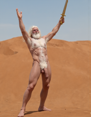 Enrique es un hombre muy delgado de 50 años, tiene cabello largo con canas blancas, tiene barba blanca abundante y larga. Está totalmente desnudo, en sus manos lleva una espada de oro alzada hacia el cielo. Tiene un cuerpo muy delgado con músculos marcados y definidos. 💪🏼. Tiene un pene erecto de 36,8 cm de longitud y 7,9 cm de diámetro. Tiene mucho vello corporal blanco que cubre su pecho brazos y piernas. Está en la arena del desierto entre grandes dunas de arena color terracota. Tiene la piel morena bronceada por el Sol. 