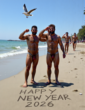 Día de Año Nuevo 2026. Dos hombres llamados Juan y Pedro, tienen los pies descalzados pero están totalmente desnudos. 

Juan es un hombre de 50 años de edad, muy atlético y tiene sus músculos muy definidos y es muy peludo, está totalmente desnudo, tiene un pene largo erecto de 36cm de longitud y 9cm de diámetro, tiene cabello negro largo ondulado y desordenado, tiene mucho vello pectoral, tiene piernas masculinas con abundante vello, tiene brazos peludos,  su cara tiene forma cuadrada tiene mentón prominente con hoyuelo muy pronunciado y muy masculino, su barba está bien afeitada y su cara está muy limpia resaltando sus facciones masculinas. 

Pedro es un hombre de 58 años de edad con músculos marcados sin grasa, está totalmente desnudo, tiene un pene largo de 39 cm de longitud y 9 cm de diámetro, tiene cabello pelirrojo rizado abundante y largo de color rojo, tiene abundante vello pelirrojo pectoral de color rojo oscuro en abundancia, tiene piernas masculinas con mucho vello, tiene brazos peludos y muy masculinos. Pedro tiene presencia atlética y es muy peludo, mucho pelo por todo su cuerpo. 

Pedro y Juan enseñan sus músculos muy marcados y bien definidos, están de pie en la arena de la playa con olas azules y con el Sol reflejándose sobre el agua del mar mientras vuelan dos gaviotas. En la arena de la playa está trazado el texto: 