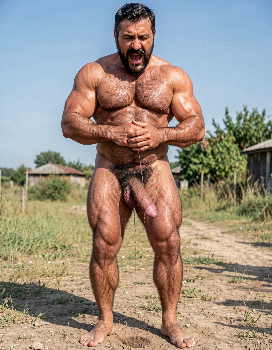 A perfectly framed full-body photorealistic image of Gayon Von Neumann standing completely naked outdoors in bright natural daylight, shot from a low angle starting from his feet and going all the way up to the top of his head. His big, strong bare feet are planted firmly on the dirt ground, toes gripping the earth. Powerful hairy calves and thick muscular thighs lead up to his heavy low-hanging hairy balls and massive erect cock. Both of his large veiny hands are wrapped tightly around his 35cm long, 9.5cm thick dark veiny shaft, stroking it slowly and firmly with realistic motion. The heavy foreskin is pulled halfway back exposing the huge swollen purple-red glans dripping thick strings of precum.

From there the view continues naturally up his dense wild black pubic bush, deeply carved sweaty eight-pack abs, thick hairy pecs with visible striations, wide vascular shoulders, thick neck with prominent Adam’s apple, and finally his arrogant face: square jaw, thick black chevron mustache, half-lidded dark eyes looking down with superiority and lust, mouth open in raw pleasure letting out a deep grunt. Every inch of his 1.85m, 80kg dry muscular body is visible from feet to head, covered in natural dense black body hair, glistening with real sweat under harsh sunlight. Raw, masculine, photorealistic rural alpha male jerking off outdoors with zero cropping and maximum detail from soles to scalp.