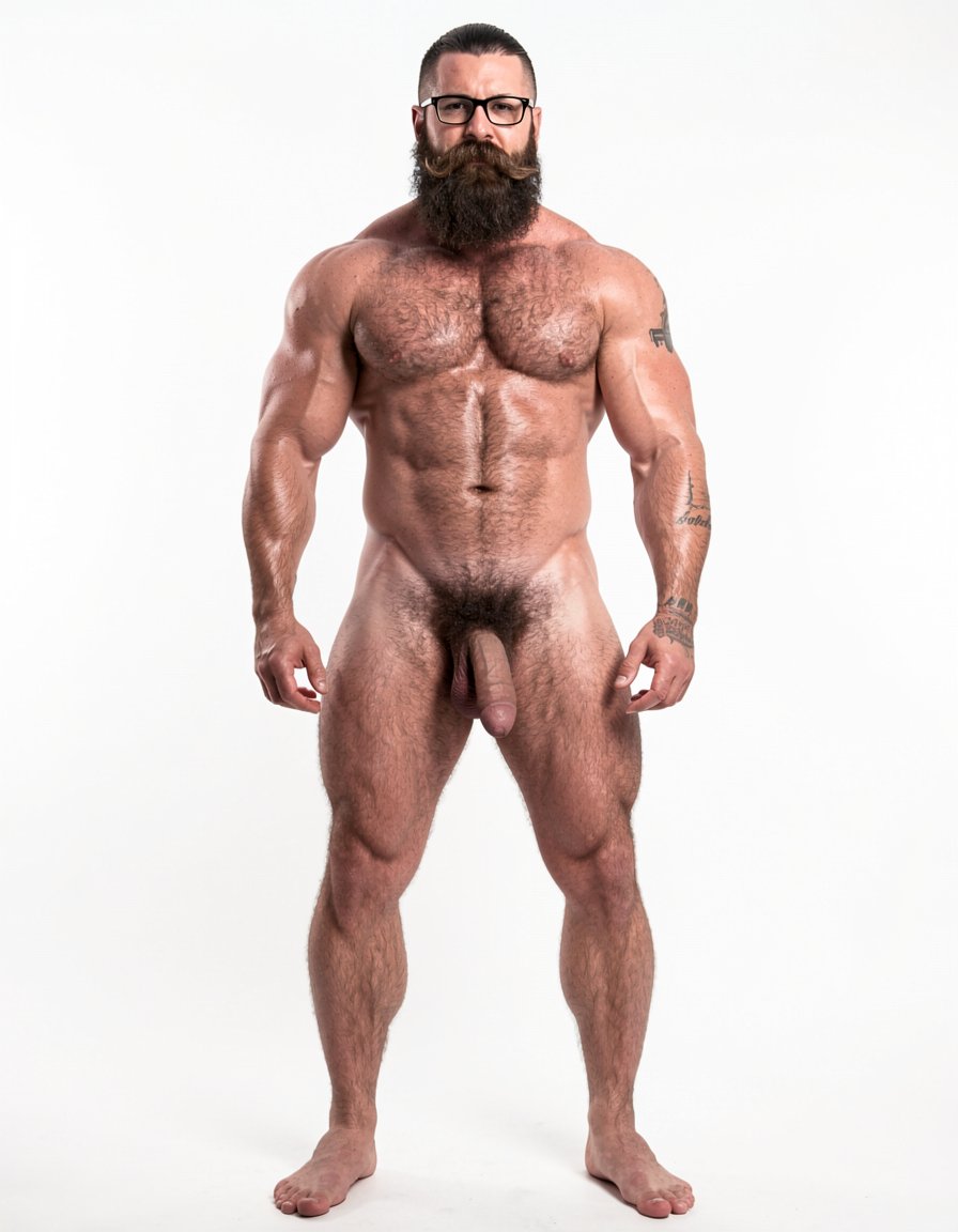 A highly detailed full-body nude photograph of Hipsterbarba, a 40-year-old muscle bear master, standing completely naked from head to toe in a bright white photography studio with perfect even lighting. He is exactly 180cm tall, 80kg with 8% body fat, strong and athletic physique. Massive rounded pecs, very defined six-pack abs, wide shoulders, thick vascular arms, powerful legs, wide V-shaped back. Dense dark body hair covering his chest, shoulders, abs, thick pubic bush and thighs. High fade undercut haircut, very thick long Bandholz beard that reaches almost to his chest, thick curled handlebar mustache with spiral ends, black-rimmed glasses. Small tattoo on his right arm that says “hipsterbarba”. Thick cock with partial foreskin and visible pink glans, heavy low-hanging balls. Serious dominant expression, bare feet on the floor, full body view from head to toes, ultra realistic skin texture, dense body hair details, professional studio photography.