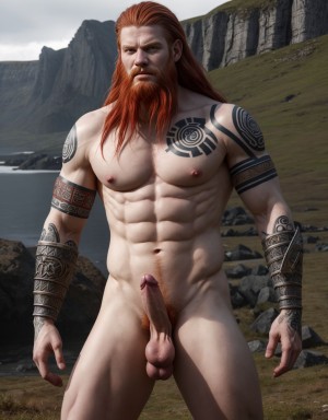 Foto muy realista texturas 8k. Guerrero nórdico desnudo, 25 años aproximadamente, rostro hermoso y simétrico, cabello rojizo, musculoso, enseñando orgulloso su pene, barba larga, tatuajes vikingos, armadura abandonada, fondo de batalla, expresión orgullosa y desafiante, piel pálida, anatomía detallada, realista y sensual.
