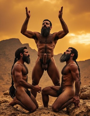 Tres hombres árabes maduros desnudos completamente velludos sobre paisaje rocoso desértico, figura central hombre rudo 50 años de pie frontal con brazos levantados extendidos hacia cielo en postura oración fervorosa primitiva, rostro barbudo negro grisáceo denso tupido salvaje mirando arriba con boca entreabierta rezando intensamente gutural, ojos cerrados apretados con fuerza, expresión arrebatada apasionada espiritual tribal, cabello negro canoso largo despeinado hasta hombros flotando salvaje por viento fuerte, piel morena dorada bronceada madura curtida sudorosa brillante con arrugas naturales textura real poros visibles suciedad polvo, pecho amplio cubierto abundante vello negro grisáceo rizado denso salvaje subiendo bajando por respiración intensa devocional, abdomen maduro algo abultado con trail oscuro grueso, pene erecto enorme grueso moreno circuncidado apuntando arriba completamente rígido con venas gruesas marcadas visibles pulsantes, glande hinchado oscuro, testículos péndulos grandes peludos colgando pesados realistas, piernas musculosas maduras separadas firmes plantadas, figura izquierda hombre rudo primitivo 48 años arrodillado muy cerca inclinado hacia hombre central con mano derecha extendida tocando reverente envolviendo base pene erecto del rezador con dedos firmes respetuosos devotos, pene propio erecto grande grueso moreno apuntando diagonal arriba completamente rígido con venas marcadas glande hinchado oscuro visible pulsante, testículos peludos péndulos tensos, rostro barbudo negro tupido salvaje mirando hacia arriba a hombre central con adoración intensa desesperada lágrimas rodando mejillas sucias polvorientas, boca abierta pronunciando alabanzas fervorosas primitivas guturales, barba negra salvaje densa despeinada mojada sudor lágrimas, cabello negro largo despeinado ondeando viento violento, espalda ancha arqueada peluda tensionada, glúteos firmes peludos levantados, figura derecha hombre rudo primitivo 45 años arrodillado lado opuesto tres cuartos inclinado hacia hombre central con mano izquierda extendida tocando lateral medio pene erecto del rezador con palma abierta reverente acariciando tallo grueso venas, pene propio erecto enorme grueso moreno completamente rígido apuntando arriba con glande hinchado oscuro venas pulsantes visibles claramente, testículos péndulos peludos grandes colgando, rostro extasiado barbudo mirando falo central con devoción pasional intensa primitiva, boca entreabierta rezando fervoroso gutural, barba negra completa salvaje despeinada, cabello largo negro azabache flotando viento, torso musculoso maduro cubierto alfombra vello negro denso salvaje arqueado inclinado hacia delante adorando, piernas arrodilladas tensas sucias, fondo montañas áridas ocres polvorientas borrosas, cielo dorado dramático atardecer tormentoso, iluminación natural lateral cálida intensa creando contraste brutal claroscuro, rayo luz dorada iluminando hombre central desde arriba como divinidad primitiva, fotografía hiperrealista documental antropológica momento éxtasis espiritual ritual ancestral fálico tribal, texturas piel real sudor lágrimas polvo suciedad barro vello individual pelo púbico, poros abiertos, venas visibles cuello brazos penes erectos pulsantes tres falos completamente visibles duros, músculos tensos contraídos, expresiones faciales intensas apasionadas devotas respetuosas primitivas salvajes, composición triangular mística devocional ritual, hombres maduros rudos primitivos barbudos peludos completamente entregados adoración ritual fálico ancestral, resolución ultra alta definición 8K fotografía DSLR profesional realista dramática cinematográfica documental.