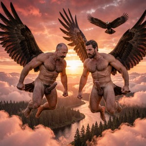 Dos hombres desnudos y musculosos con grandes alas negras vuelan entre nubes al atardecer, enfrentados en una postura tensa y poderosa, con los puños cerrados y el cuerpo inclinado hacia delante como si fueran ángeles oscuros o figuras mitológicas. Sus torsos definidos, vello corporal y penes visibles aportan un carácter crudo y fantástico a la escena. Al fondo, un cielo rojizo y dorado ilumina un paisaje de bosque, río serpenteante y nubes rosadas, mientras un ave rapaz planea sobre ellos con las alas extendidas. La composición mezcla fantasía épica, desnudez masculina, fuerza física y simbolismo celestial en una atmósfera dramática y cinematográfica.