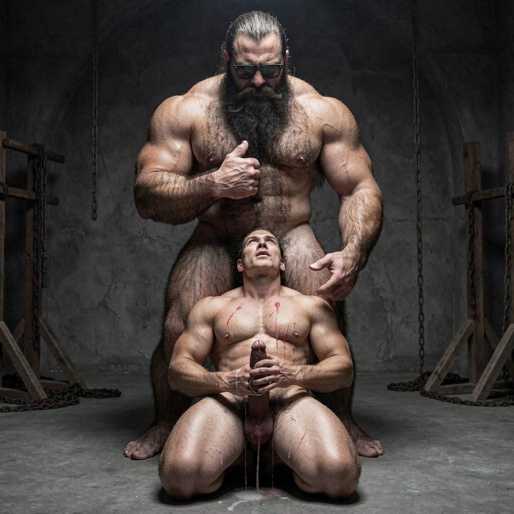 Two naked and extremely muscular men pose in a dark, industrial-looking space, with concrete walls, hanging chains, and metal structures that suggest a dungeon or clandestine gym environment. The man in the back, enormous, bearded, wearing dark glasses with his hair tied back, stands behind the other with a dominant attitude, one hand on his chest and the other near his head. The kneeling man in front looks up, holding his erect penis while a stream of semen falls toward the floor; his defined torso has small wounds or reddish marks on his chest, reinforcing an explicit, intense scene with BDSM aesthetics.