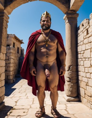 Hombre griego del siglo 1. Esta en un poblado del siglo 1 con casas antiguas. Está desnudo. Tiene un pene grande colgando entre las piernas. Tiene dos testículos gordos y peludos colgando entre las piernas. Está de pie mirando sus sandalias de los pies. Está contento. Tiene una corona de oro con diamantes en la cabeza. Tiene un collar de cadena de oro con una cruz colgando del cuello. Tiene una capa roja colgada del cuello hacia la espalda. Tiene sandalias marrones en los pies. Tiene un lazo largo azul en la mano izquierda.
