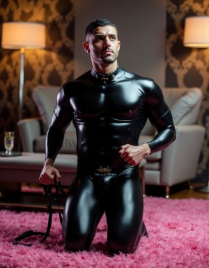 Un hombre arrodillado sobre una alfombra rosa de pelo largo posa con expresión seria e intensa, vestido con un traje ajustado de látex negro brillante que cubre el torso, los brazos y las piernas, marcando la musculatura del pecho, abdomen y muslos. Lleva un collar del mismo material con pequeños detalles metálicos y sujeta en una mano unas correas negras tipo arnés o látigo, reforzando una estética fetichista y dominante. El ambiente es elegante y sensual, con un sofá claro al fondo, cojines, lámparas cálidas a ambos lados, papel pintado oscuro con motivos ornamentales y una copa sobre una mesa auxiliar.