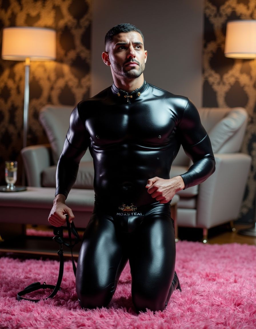 Un hombre arrodillado sobre una alfombra rosa de pelo largo posa con expresión seria e intensa, vestido con un traje ajustado de látex negro brillante que cubre el torso, los brazos y las piernas, marcando la musculatura del pecho, abdomen y muslos. Lleva un collar del mismo material con pequeños detalles metálicos y sujeta en una mano unas correas negras tipo arnés o látigo, reforzando una estética fetichista y dominante. El ambiente es elegante y sensual, con un sofá claro al fondo, cojines, lámparas cálidas a ambos lados, papel pintado oscuro con motivos ornamentales y una copa sobre una mesa auxiliar.
