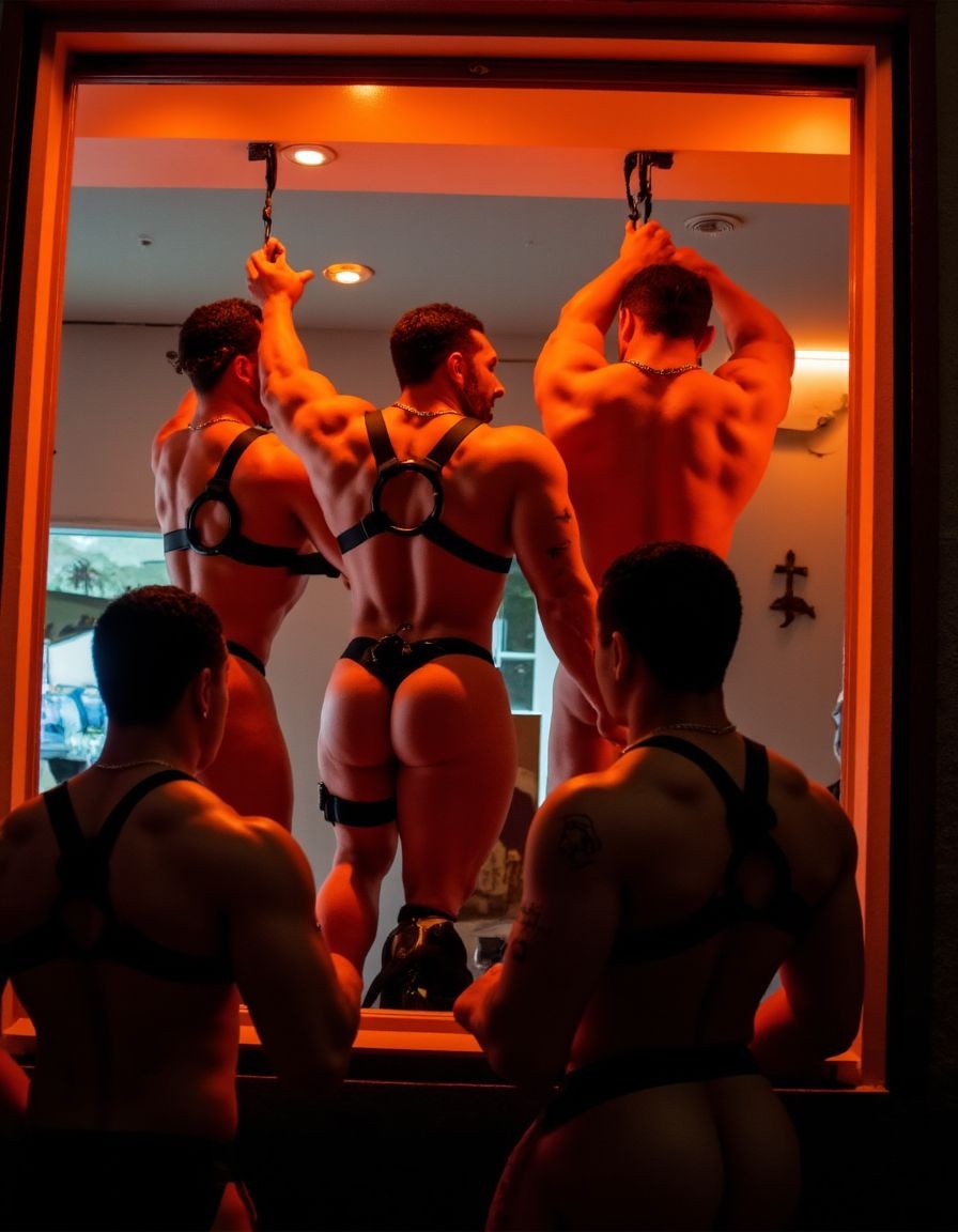 Five men with muscular bodies appear in an interior setting lit by intense red and orange light, creating the atmosphere of a nightclub or fetish scene. Three of them are standing in front of a large mirror or window, dressed in black leather harnesses and jockstraps that leave their buttocks exposed; two raise their arms, fastened to straps or overhead grips, highlighting their defined backs, shoulders, and arms. In the foreground, two other men seated with their backs turned also wear tight harnesses, observing the scene. The composition emphasizes eroticism, worked-out physiques, black leather, the dominant pose, and a sensual masculine aesthetic.