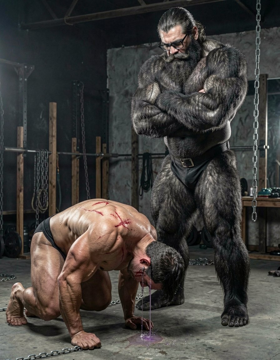 Un hombre lobo antropomórfico, enorme y cubierto de pelo oscuro, permanece de pie con los brazos cruzados en actitud dominante dentro de un gimnasio industrial oscuro, con cadenas colgantes, pesas, barras y paredes de hormigón al fondo. Frente a él, un hombre musculoso arrodillado sobre el suelo de cemento, vestido solo con un slip negro, aparece derrotado y herido, con arañazos sangrantes en la espalda, sangre en la cara y líquido cayendo desde la boca hasta formar un pequeño charco morado bajo su cabeza inclinada. La escena transmite una atmósfera brutal de sometimiento, fuerza física extrema y violencia, con iluminación dramática que resalta los cuerpos musculados, el vello animal, las cadenas metálicas y el ambiente áspero de entrenamiento clandestino.