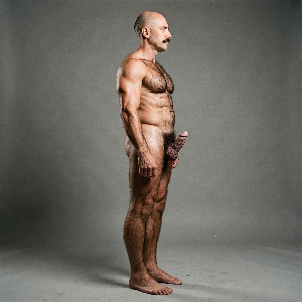 Mike Morris, a 32-year-old extremely lean and dry Caucasian male with only 8% body fat, stands completely naked in a rigid military attention pose captured in a full-body exact side profile at 90 degrees from his right side. The shot runs uninterrupted from the tips of his size 44 slightly hairy feet all the way up to the top of his bald head, showing his entire body without any cropping whatsoever. His physique is exceptionally defined and vascular: massive square pectorals seen in perfect side silhouette covered in dense dark brown chest hair forming a thick T-pattern that spreads across his shoulders and lower back, sharply carved six-pack abs in clear profile, narrow waist, wide flaring lats, powerful thighs and diamond-shaped calves all covered in the same thick dark hair. Dramatic directional studio lighting falls from high and slightly in front of him, creating strong rim lighting that traces every sharp muscular edge, accentuating the texture of his dense dark body hair on chest, back, ass and legs while producing deep shadows that highlight every vein, muscle separation and the extreme dryness of his 8% body fat. His advanced Norwood III-IV bald scalp shines under the light, with very short dense dark brown hair only on the sides and back. His square, angular face is shown in pure right profile with strong jawline, prominent chin with slight central dimple, thick well-groomed dark handlebar mustache, heavy brow and intense deep-set brown eye staring straight forward with a serious, commanding expression. His penis is fully and clearly visible in perfect side view, completely natural and anatomically correct: thick, 24 cm long when fully erect, with a natural slight upward curve, prominent dorsal veins, long foreskin that partially covers the pink-red glans, and noticeably lighter skin tone contrasting against his bronzed body. Below it hang his large, low-hanging testicles with wrinkled darker skin surrounded by an extremely dense, curly dark brown pubic bush that climbs almost to his navel. Every anatomical detail from his veined hands and forearms to his muscular ass, hamstrings, diamond calves and hairy toes is perfectly proportioned and realistic. Photorealistic, high-contrast, masculine 1970s Colt Studio aesthetic with subtle grainy film texture.