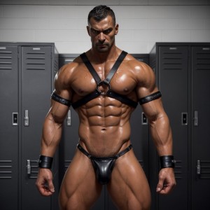 Hombre sádico y musculoso en vestuario, arnés de cuero negro, brazaletes y muñequeras de cuero, tanga de cuero ajustado mostrando culo tonificado, expresión seria y dominante, mirada intensa y dura, abdominales definidos, piel bronceada, agua reflejando su cuerpo atlético.