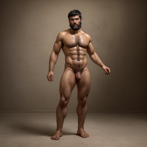 centurion  romano joven moreno con barba, desnudo. Con cara de chico muy guapo francés y cuerpo estilizado. Foto de cuerpo entero
