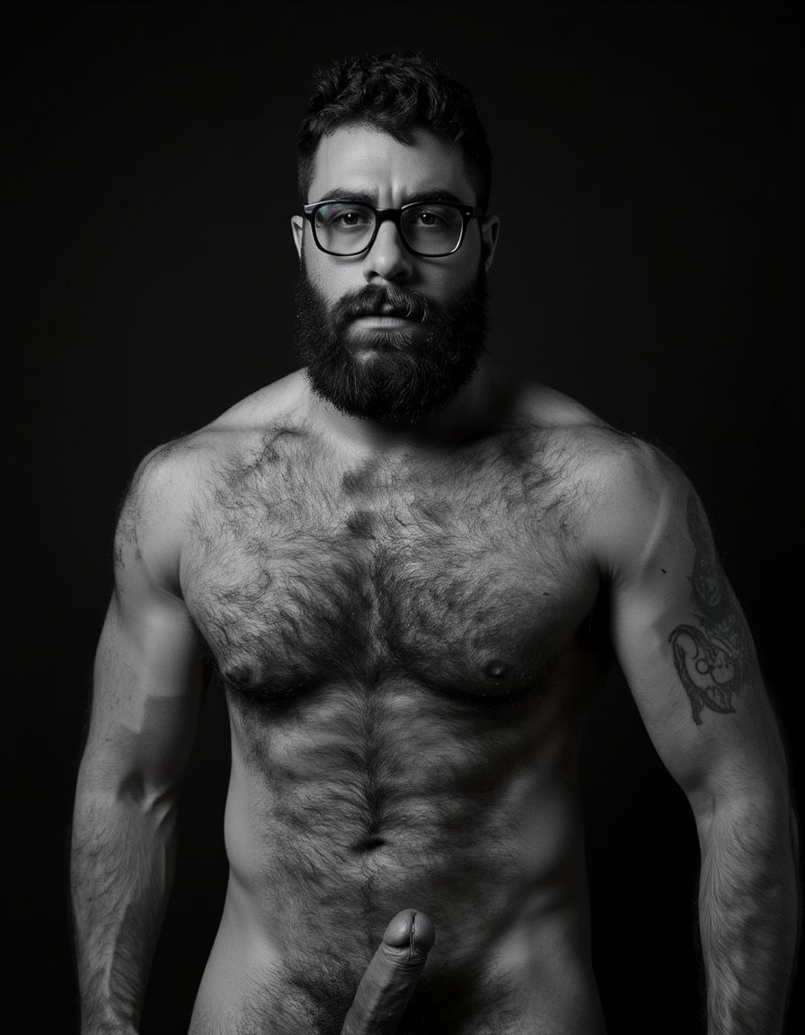 Fotografía hiperrealista en blanco y negro de un hombre adulto musculoso a la vista desde los pies hasta la cabeza, tiene cuerpo muy delgado con músculos marcados y definidos, rostro masculino, está totalmente desnudo con polla erecta de treinta centímetros de longitud y ocho centímetros de diámetro, tiene rasgos marcados duros expresivos, barba densa poblada tupida oscura estilo hipster cubriendo completamente mandíbula mentón mejillas con grosor uniforme textura abundante muy definida, bigote denso tupido oscuro conectado perfectamente con la barba completa cubriendo completamente el labio superior, pelo oscuro medio peinado completamente recto hacia arriba con volumen considerable estilo hipster moderno quiff puntas verticales texturizadas hacia el cielo con altura prominente, cejas gruesas oscuras pobladas muy marcadas definidas, gafas de montura completa negra cuadradas grandes estilo hipster moderno sobre el puente de la nariz enmarcando unos ojos oscuros intensos que miran directamente a cámara con expresión seria penetrante confiada, expresión facial seria masculina sin sonrisa con mirada directa desafiante, pómulos marcados definidos angulares, nariz recta proporcionada, labios medios apenas visibles completamente cubiertos por bigote denso que conecta con la barba hipster completa, torso desnudo muy musculoso con pectorales enormes desarrollados y definidos, hombros anchos musculosos deltoide prominentes, brazos musculosos marcados y bien definidos con bíceps y tríceps marcados visibles a ambos lados del cuerpo, abdomen tonificado marcado visible con cintura delgada marcada, piel con textura realista detallada poros imperfecciones sutiles, vello corporal denso oscuro abundante cubriendo pectorales abdomen brazos hombros con textura natural masculina muy visible. Tiene un  tatuaje en tinta negra en el bíceps del brazo derecho en tipografía negra sans-serif de tamaño mediano y proporcionado de forma clara y legible sobre la piel del bíceps del brazo derecho con las siguientes letras: hipsterbarba. Iluminación dramática lateral direccional que crea contraste alto marcado entre luces brillantes y sombras profundas resaltando la estructura facial angular la barba hipster densa las gafas cuadradas grandes el vello corporal abundante la musculatura del torso los brazos.  Tiene un  tatuaje en tinta negra en el bíceps del brazo derecho en tipografía negra sans-serif de tamaño mediano y proporcionado de forma clara y legible sobre la piel del bíceps del brazo derecho con las siguientes letras: hipsterbarba. Fondo completamente oscuro negro liso uniforme desenfocado sin distracciones, fotografía analógica en color de alto contraste con grano fotográfico sutil visible estilo retrato hipster masculino fitness, enfoque nítido absoluto perfecto en el rostro especialmente en los ojos detrás de las gafas la barba hipster densa el bigote tupido el pelo vertical el vello corporal el torso con músculos muy marcados y muy definidos. Tiene un  tatuaje en tinta negra en el bíceps del brazo derecho en tipografía negra sans-serif de tamaño mediano y proporcionado de forma clara y legible sobre la piel del bíceps del brazo derecho con las siguientes letras: hipsterbarba. Imagen con encuadre vertical desde los pies hasta la cabeza mostrando los pies desnudos las piernas peludas el pene erecto los testículos colgando con su escroto bajo todo el torso peludo los brazos musculosos peludos y la cabeza con pelo oscuro medio peinado completamente recto hacia arriba con volumen considerable estilo hipster moderno quiff puntas verticales texturizadas hacia el cielo con altura prominente, calidad fotográfica hiperrealista 8K máxima definición detalle extremo, renderizado cinematográfico fotorrealista profesional. Tiene un  tatuaje de tinta negra en el bíceps del brazo derecho en tipografía negra sans-serif de tamaño mediano de forma clara y legible sobre la piel del bíceps del brazo derecho con las siguientes letras: hipsterbarba