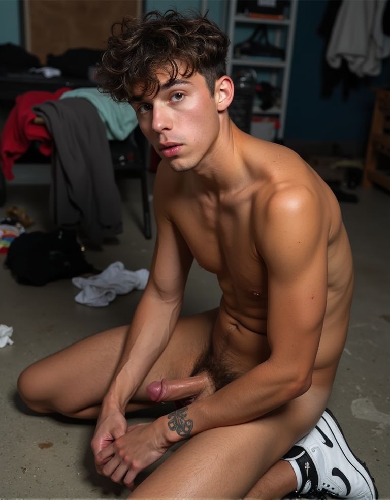 Photorealistic 21-year-old scally guy, penis visible, wearing Nike sneakers, naked body, visible tattoos, messy hair, cheeky gaze, background of a cluttered room, clothes scattered, dim lighting, relaxed atmosphere, bronzed skin, defined muscles.