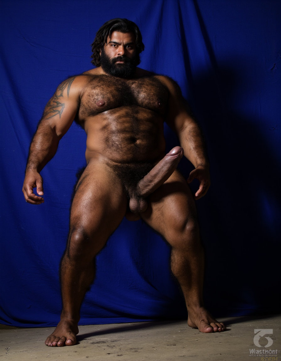 Enomao. Hombre de 35 años, cuerpo completo de pies a cabeza, pose frontal de pie, cuerpo delgado, rostro rudo con mandíbula cuadrada y ceño fruncido, barba abundante negra descuidada de varios días, nariz ancha, cicatriz pequeña en la ceja izquierda, mirada intimidante, pelo negro largo y despeinado, cuello grueso con tendones marcados, hombros anchos y trapecios abultados, pectorales enormes y duros con sombras profundas bajo cada músculo, pezones oscuros rodeados de vello negro denso, vello negro abundante cubriendo todo el pecho extendiéndose hacia el abdomen, abdominales definidos con seis bloques marcados y venas visibles, línea de vello negro desde el ombligo bajando, oblicuos duros con sombras que acentúan cada fibra muscular, brazos con bíceps y tríceps marcados y muy definidos, venas prominentes en los antebrazos, vello negro espeso en antebrazos y dorso de las manos, manos con nudillos anchos y dedos fuertes, piel con suciedad natural como grasa de trabajo y tierra en pecho brazos y piernas, manchas de mugre en los antebrazos y marcas de sudor seco, muslos marcados con cuádriceps separados y definidos cubiertos de vello negro abundante, pantorrillas duras en tensión con vello oscuro, pies descalzos plantados en suelo de hormigón, iluminación lateral dura que proyecta sombras profundas en cada grupo muscular resaltando la masa y la fuerza bruta, ambiente de atmósfera cruda y masculina, fotografía hiperrealista, textura de piel visible con poros y imperfecciones. Tiene un pene erecto masculino de 38,5 cm de longitud y 8,5 cm de diámetro, proporciones perfectas, glande grueso y pronunciado con corona marcada, color rosado oscuro en la cabeza contrastando con el tono bronceado del tronco, venas gruesas y ramificadas recorriendo toda la extensión del falo desde la base hasta el glande, piel tensa y brillante por la erección máxima, prepucio retraído mostrando el frenillo, testículos grandes y pesados colgando en escroto arrugado, cubiertos de vello púbico oscuro y denso, pelo rizado extendiéndose hacia la base del pene, piel escrotal con textura visible y poros definidos, venas visibles en los testículos, posición frontal ligeramente angular, iluminación de estudio con sombras suaves que resaltan cada relieve y textura, fotografía hiperrealista, ultra alta definición 4K, texturas extremadamente detalladas, colores naturales de piel humana, acabado cinematográfico.

El fondo de la imagen es un azul ultramar intenso y profundo, con ondas de tela que ondean como si fueran arrastradas por el viento, creando un movimiento dinámico con la figura. La textura ondulante, similar a la seda, añade una capa de profundidad y sensibilidad a la escena, contrastando con la crudeza y pasión del acto sexual.

La fotografía realista, con genitales anatómicamente correctos y proporciones naturales, sin distorsión, busca capturar la esencia cruda y visceral del momento, sin adornos ni censuras. El enfoque en el punto del pene visible desde un ángulo lateral, busca resaltar la intensidad y la conexión del hombre y su entorno, inmerso en un acto de pasión y deseo. El contenido explícito para adultos es una representación auténtica y sin tapujos de la intimidad y el deseo humano, sin rodeos ni evasivas. Es un hombre lobo