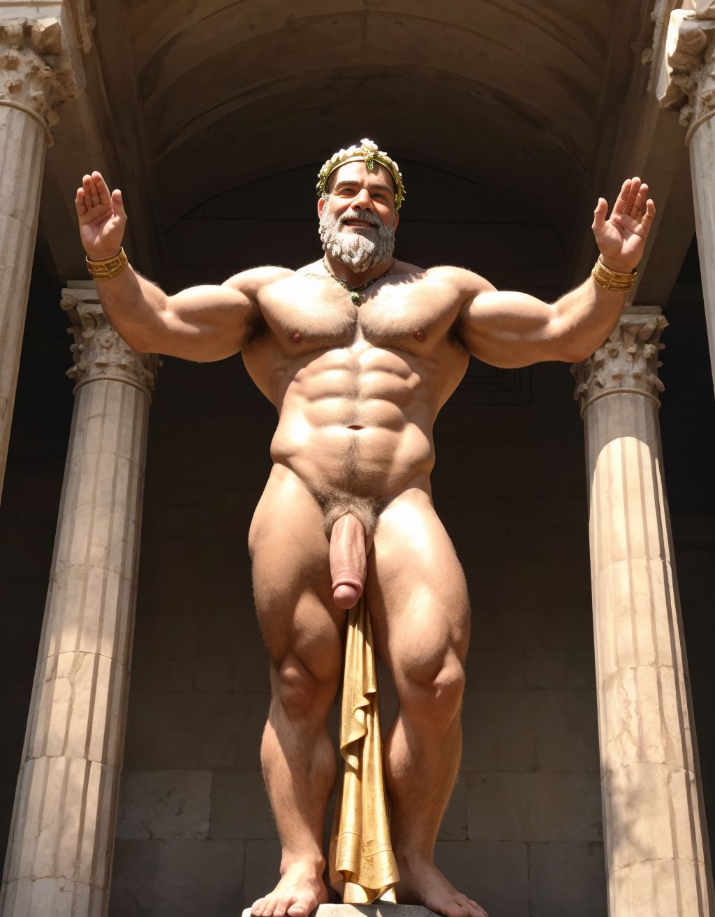 El dios Priapo de Pompeya está desnudo de pie. Es delgado y muy alto. Priapo es dios de la mitología romana. Está en el museo de Nápoles. Tiene un pene grande y erecto. Tiene mucho vello por todo el cuerpo. Tiene sandalias en los pies. Tiene músculos muy definidos. Tiene una corona de laurel. Está sonriendo. Levanta una mano para saludar al público. El cuerpo está iluminado con focos de luz blanca. Tiene los ojos verdes. Lleva una cadena brillante en los pies. Tiene mucho vello en el pecho moreno.