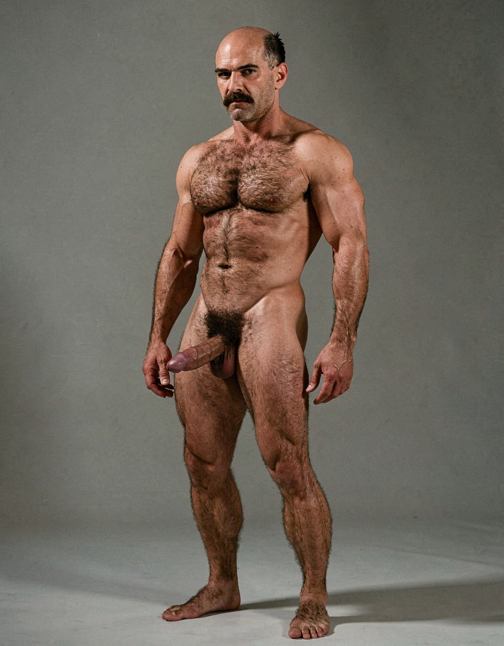 Mike Morris, a 32-year-old extremely lean Caucasian male with only 8% body fat, stands completely naked in a strict military attention pose captured in a full-body three-quarter view at a slight 45-degree angle. The shot runs from the tips of his size 44 slightly hairy feet all the way up to the top of his bald head, showing his entire body without any cropping. His physique is dry, vascular and powerfully defined: massive square pectorals covered in dense dark brown chest hair forming a thick T-pattern, sharply carved six-pack abs, narrow waist, wide flaring lats, and thick muscular thighs with dense dark hair. Dramatic directional studio lighting falls from high and slightly to the left, creating bright highlights on his tanned skin, the texture of his dense body hair across his chest, lower back and legs, and deep shadows that accentuate every muscle separation and vein. His advanced Norwood III-IV bald scalp is clearly visible, with short dense dark brown hair only on the sides and back of his head. His square, angular face with prominent jaw, thick dark handlebar mustache, heavy brows and intense deep-set brown eyes stares straight ahead with a serious, commanding expression. His penis is fully visible, completely natural and realistic: thick, 24 cm long when erect, with natural upward curve, prominent veins along the shaft, long foreskin that partially covers the pink-red glans, and realistic skin texture noticeably lighter than his bronzed body. Below it hang his large, low-hanging testicles with wrinkled darker skin and dense dark brown hair. The extremely thick, curly dark brown pubic bush climbs almost to his navel and spreads generously around the base of his cock and balls. Every detail from his veined hands and forearms to his diamond calves and hairy toes is perfectly proportioned and anatomically correct. Photorealistic, high-contrast, masculine 1970s Colt Studio aesthetic with subtle grainy film texture.