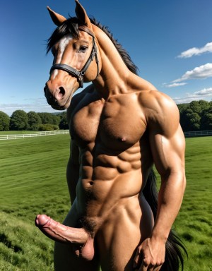 Hombre desnudo con pene grande y grandes testículos peludos. Está con un caballo blanco. Cabeza de hombre. Cuerpo de caballo con gran pene de caballo.