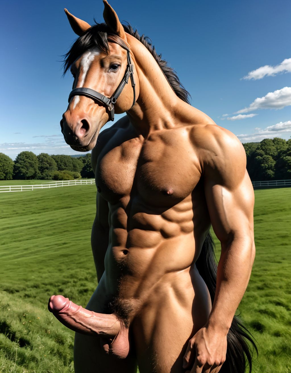 Hombre desnudo con pene grande y grandes testículos peludos. Está con un caballo blanco. Cabeza de hombre. Cuerpo de caballo con gran pene de caballo.