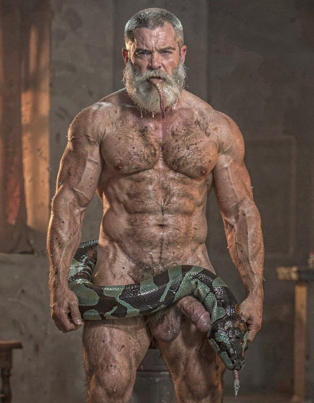 A powerful muscular mature Greek man named Dimitris, 40 years old, thick dark body hair covering his chest, powerful thighs and groin, heavy salt-and-pepper beard, strong masculine features, stands completely naked with a tense expression in a dimly lit room with warm dramatic side lighting. A large glossy python snake with black and iridescent emerald green scales has already reached his thick hairy right thigh and is accelerating its smooth powerful pace, its long forked tongue flicking rapidly in and out of its mouth tasting the thick air heavy with masculine sweat and raw testosterone. The snake’s thick muscular body slides deliberately between Dimitris’ hairy legs and coils tightly around his heavy low-hanging balls with several hot firm rings, completely enveloping the testicles, squeezing them and lifting them upward with slow rhythmic constricting pulses that make the skin of the scrotum stretch and glisten under the pressure. The snake’s glossy scales contrast sharply against the sweaty tanned hairy skin, intense erotic and slightly dangerous atmosphere, highly detailed, cinematic volumetric lighting, sharp focus.