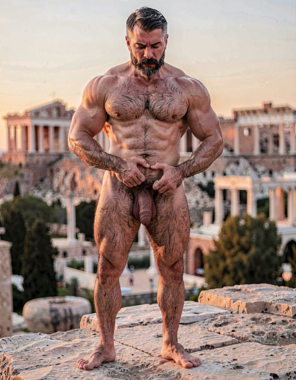Pericles. A hyper-realistic full-body portrait of completely naked Pericles at 35 years old standing tall under the warm golden light of an Athenian sunset, as if Phidias had carved him from warm living marble and breathed life into him. Perfectly proportioned athletic body, 172 cm, 75 kg, 5% body fat, imposing and dignified presence. Elongated “onion-shaped” skull, short dark brown military-cut hair with silver at the temples, short dense well-groomed dark brown beard and finer trimmed mustache framing a stern aristocratic face with deep-set intense brown eyes. Strong muscular neck, broad rounded shoulders, powerful hairy pectorals with vertical dark trail, small dark hardened nipples, sharply defined abdomen with thick treasure trail leading to a dense curly dark pubic bush. His thick 22 cm erect penis with a slight upward curve, prominent veins along the darker shaft and flushed glans. Pericles is actively masturbating, sliding his right hand up and down the shaft with a steady rhythm. He grips his penis in a precise cylindrical hold: the index, middle, ring and pinky fingers of his right hand curved naturally around the lower perimeter on the front side of the shaft, slightly separated and perfectly adapting to its contour; the thumb positioned on the opposite rear side, also curved naturally around the lower perimeter, pressing gently to secure the grip. The hand conforms perfectly to the cylindrical shape with realistic finger placement and natural joint flexion. Heavy low-hanging testicles, firm round muscular ass, powerful veiny legs covered in dark hair, large masculine feet with the second toe slightly longer. Ultra-detailed skin texture, visible veins and subtle sweat sheen, razor-sharp anatomy, soft warm golden side lighting that sculpts every muscle and hair follicle, museum-quality historical sensual realism, softly blurred Acropolis at sunset in the background.