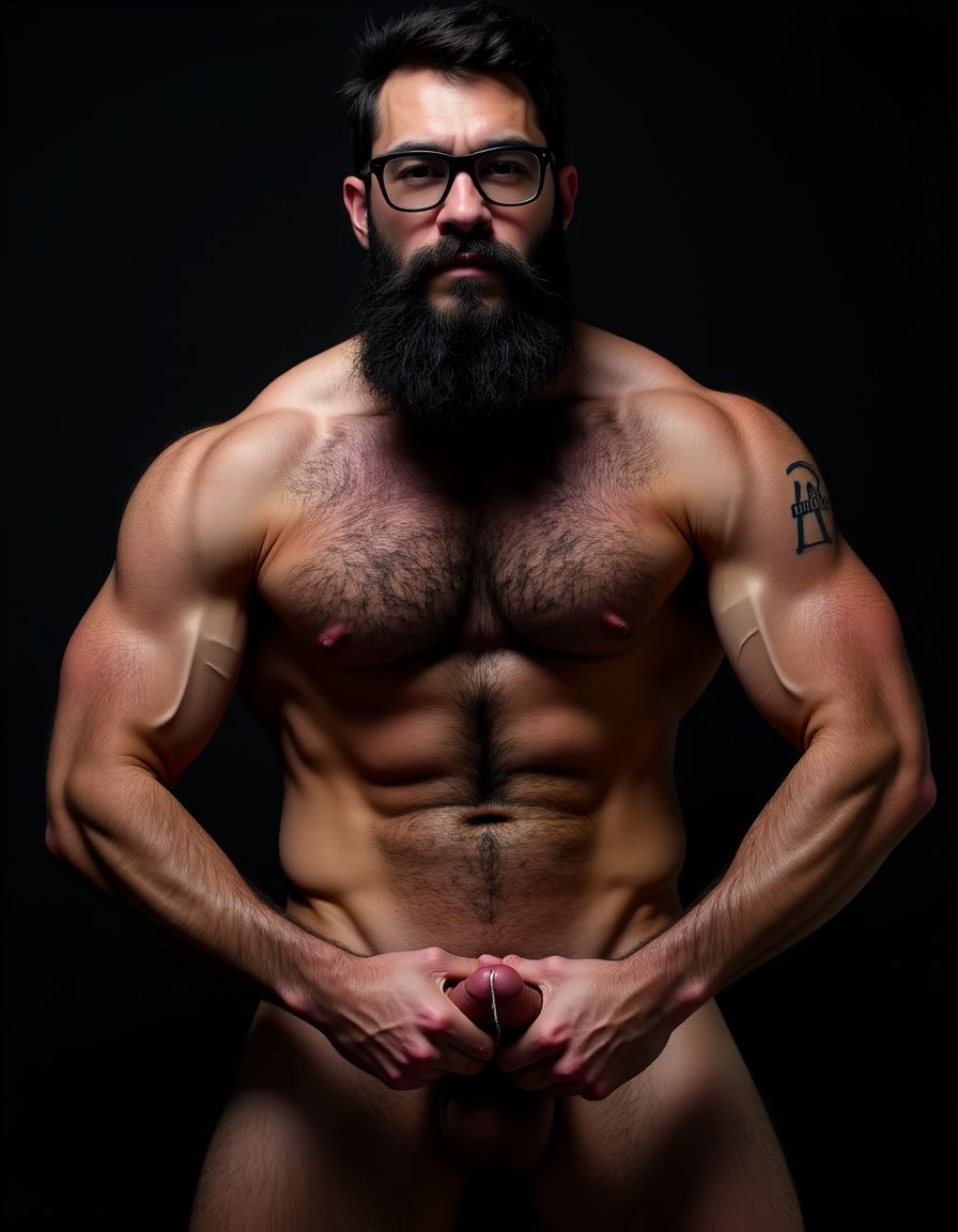 Fotografía hiperrealista de un hombre adulto musculoso a la vista desde las rodillas para arriba hasta la cabeza, rostro masculino idéntico a la imagen de referencia totalmente desnudo con polla erecta de treinta centímetros de longitud y ocho centímetros de diámetro, tiene rasgos marcados duros expresivos, barba densa poblada tupida oscura estilo hipster cubriendo completamente mandíbula mentón mejillas con grosor uniforme textura abundante muy definida, bigote denso tupido oscuro conectado perfectamente con la barba completa cubriendo completamente el labio superior, pelo oscuro medio peinado completamente recto hacia arriba con volumen considerable estilo hipster moderno quiff puntas verticales texturizadas hacia el cielo con altura prominente, cejas gruesas oscuras pobladas muy marcadas definidas, gafas de montura completa negra cuadradas grandes estilo hipster moderno sobre el puente de la nariz enmarcando unos ojos oscuros intensos que miran directamente a cámara con expresión seria penetrante confiada, expresión facial seria masculina sin sonrisa con mirada directa desafiante, pómulos marcados definidos angulares, nariz recta proporcionada, labios medios apenas visibles completamente cubiertos por bigote denso que conecta con la barba hipster completa, torso desnudo muy musculoso con pectorales enormes desarrollados y definidos y velludos peludos, hombros anchos musculosos deltoide prominentes, brazos musculosos gruesos con bíceps y tríceps marcados visibles a ambos lados del cuerpo, abdomen tonificado marcado visible desde la cintura, piel con textura realista detallada poros imperfecciones sutiles, vello corporal denso oscuro abundante cubriendo pectorales abdomen brazos hombros con textura natural masculina muy visible, tatuaje en tinta negra en el bíceps del brazo derecho con la palabra exacta ((