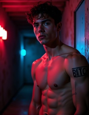 Un hombre joven de 22 años, musculoso y sin camiseta, con el torso al descubierto sin vello, se encuentra en una mazmorra oscura y húmeda con luces rojas y azules. Tatuaje en el brazo con la palabra 