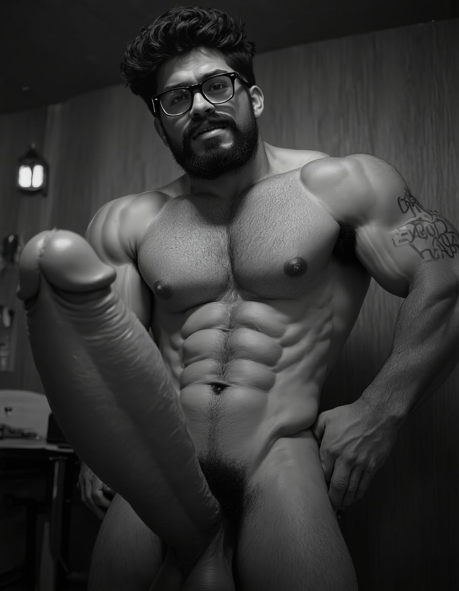 Fotografía hiperrealista en blanco y negro de un hombre adulto musculoso a la vista desde los pies hasta la cabeza, tiene cuerpo muy delgado con músculos marcados y definidos, rostro masculino, está totalmente desnudo con polla erecta de treinta centímetros de longitud y ocho centímetros de diámetro, tiene rasgos marcados duros expresivos, barba densa poblada tupida oscura estilo hipster cubriendo completamente mandíbula mentón mejillas con grosor uniforme textura abundante muy definida, bigote denso tupido oscuro conectado perfectamente con la barba completa cubriendo completamente el labio superior, pelo oscuro medio peinado completamente recto hacia arriba con volumen considerable estilo hipster moderno quiff puntas verticales texturizadas hacia el cielo con altura prominente, cejas gruesas oscuras pobladas muy marcadas definidas, gafas de montura completa negra cuadradas grandes estilo hipster moderno sobre el puente de la nariz enmarcando unos ojos oscuros intensos que miran directamente a cámara con expresión seria penetrante confiada, expresión facial seria masculina sin sonrisa con mirada directa desafiante, pómulos marcados definidos angulares, nariz recta proporcionada, labios medios apenas visibles completamente cubiertos por bigote denso que conecta con la barba hipster completa, torso desnudo muy musculoso con pectorales enormes desarrollados y definidos, hombros anchos musculosos deltoide prominentes, brazos musculosos marcados y bien definidos con bíceps y tríceps marcados visibles a ambos lados del cuerpo, abdomen tonificado marcado visible con cintura delgada marcada, piel con textura realista detallada poros imperfecciones sutiles, vello corporal denso oscuro abundante cubriendo pectorales abdomen brazos hombros con textura natural masculina muy visible. Tiene un  tatuaje en tinta negra en el bíceps del brazo derecho en tipografía negra sans-serif de tamaño mediano y proporcionado de forma clara y legible sobre la piel del bíceps del brazo derecho con las siguientes letras: hipsterbarba. Iluminación dramática lateral direccional que crea contraste alto marcado entre luces brillantes y sombras profundas resaltando la estructura facial angular la barba hipster densa las gafas cuadradas grandes el vello corporal abundante la musculatura del torso los brazos.  Tiene un  tatuaje en tinta negra en el bíceps del brazo derecho en tipografía negra sans-serif de tamaño mediano y proporcionado de forma clara y legible sobre la piel del bíceps del brazo derecho con las siguientes letras: hipsterbarba. Fondo completamente oscuro negro liso uniforme desenfocado sin distracciones, fotografía analógica en color de alto contraste con grano fotográfico sutil visible estilo retrato hipster masculino fitness, enfoque nítido absoluto perfecto en el rostro especialmente en los ojos detrás de las gafas la barba hipster densa el bigote tupido el pelo vertical el vello corporal el torso con músculos muy marcados y muy definidos. Tiene un  tatuaje en tinta negra en el bíceps del brazo derecho en tipografía negra sans-serif de tamaño mediano y proporcionado de forma clara y legible sobre la piel del bíceps del brazo derecho con las siguientes letras: hipsterbarba. Imagen con encuadre vertical desde los pies hasta la cabeza mostrando los pies desnudos las piernas peludas el pene erecto los testículos colgando con su escroto bajo todo el torso peludo los brazos musculosos peludos y la cabeza con pelo oscuro medio peinado completamente recto hacia arriba con volumen considerable estilo hipster moderno quiff puntas verticales texturizadas hacia el cielo con altura prominente, calidad fotográfica hiperrealista 8K máxima definición detalle extremo, renderizado cinematográfico fotorrealista profesional. Tiene un  tatuaje de tinta negra en el bíceps del brazo derecho en tipografía negra sans-serif de tamaño mediano de forma clara y legible sobre la piel del bíceps del brazo derecho con las siguientes letras: hipsterbarba