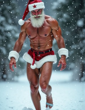 La Navidad. Papá Noel es un hombre de 35 años, atleta, delgado con músculos muy marcados y definidos, está delgado y es muy varonil, tiene barba abundante blanca abundante. Tiene el gorro de papá Noel, está totalmente desnudo enseñando su musculatura de atleta y está bronceado, está entre nieve pero no frío, tiene abundante vello blanco por todo su cuerpo que cubre sus músculos de los pectorales el abdomen y cubre sus piernas. Tiene sandalias blancas en sus pies. Tiene barba abundante blanca de papá Noel. Es el Papá Noel del año 2025, con mucha alegría y mucho sexo gay. Aspecto muy masculino, salvaje. Tiene un pene erecto de 20cm de longitud y 8cm de diámetro. Tiene barba de pelo blanco y tiene mucho vello de color blanco por todo el cuerpo. El hombre Papá Noel está delgado y musculoso y peludo, andando sobre la nieve mientras cae nieve y su pene erecto se mueve sobre sus testículos. Su pene está a la vista. Está totalmente desnudo. 