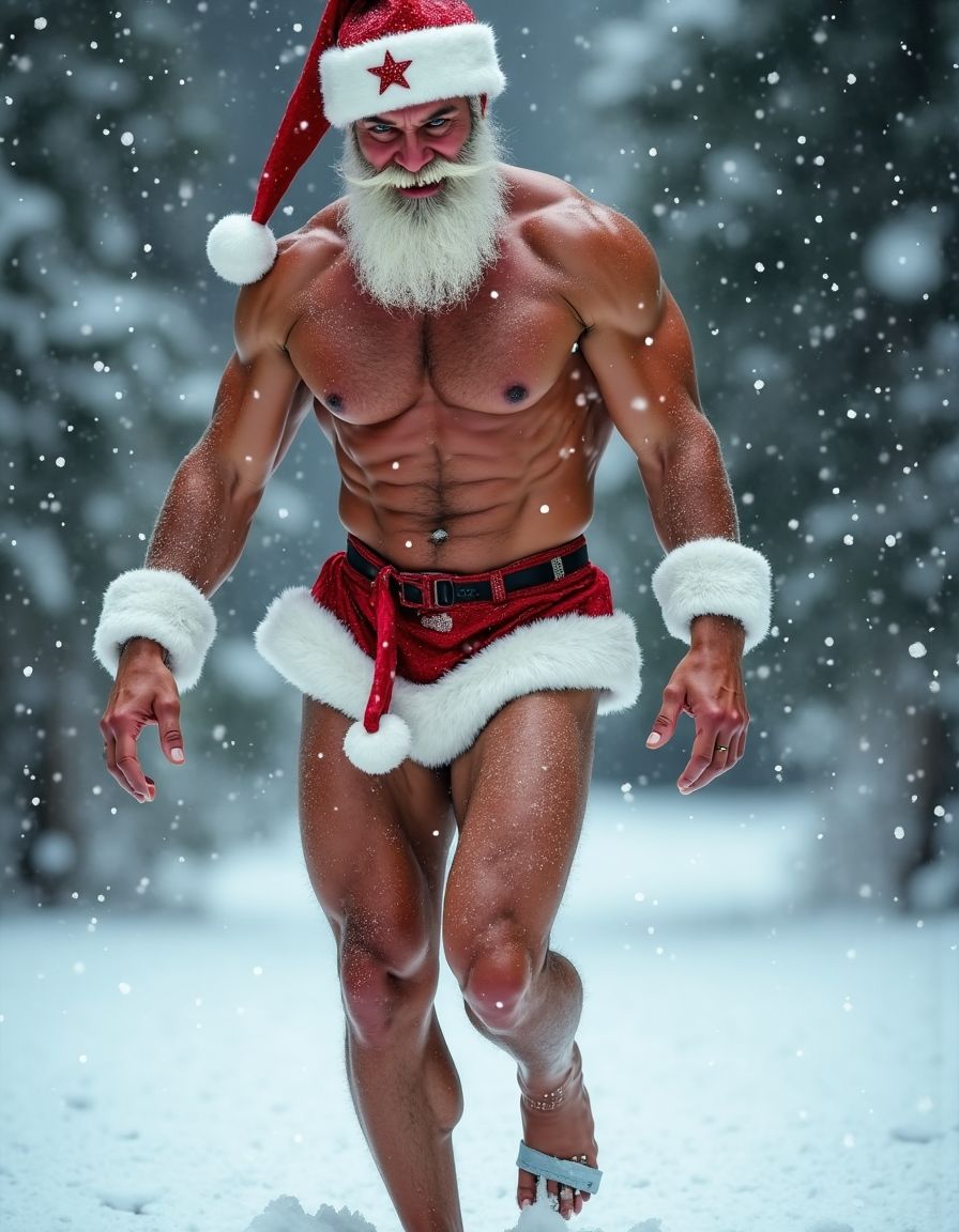 La Navidad. Papá Noel es un hombre de 35 años, atleta, delgado con músculos muy marcados y definidos, está delgado y es muy varonil, tiene barba abundante blanca abundante. Tiene el gorro de papá Noel, está totalmente desnudo enseñando su musculatura de atleta y está bronceado, está entre nieve pero no frío, tiene abundante vello blanco por todo su cuerpo que cubre sus músculos de los pectorales el abdomen y cubre sus piernas. Tiene sandalias blancas en sus pies. Tiene barba abundante blanca de papá Noel. Es el Papá Noel del año 2025, con mucha alegría y mucho sexo gay. Aspecto muy masculino, salvaje. Tiene un pene erecto de 20cm de longitud y 8cm de diámetro. Tiene barba de pelo blanco y tiene mucho vello de color blanco por todo el cuerpo. El hombre Papá Noel está delgado y musculoso y peludo, andando sobre la nieve mientras cae nieve y su pene erecto se mueve sobre sus testículos. Su pene está a la vista. Está totalmente desnudo. 
