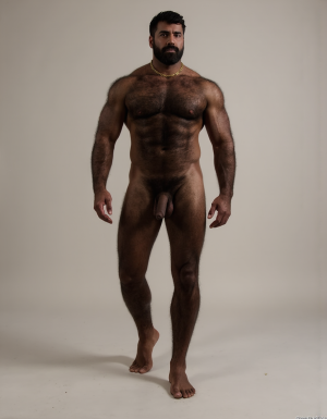 PEDRO de cuerpo entero 8K de hombre mediterráneo muy masculino y muy delgado pero musculoso de pie, cara geométrica brutal con mandíbula cuadrada pesada, pómulos altos anchos, barbilla prominente con hoyuelo, ojos oscuros marrones profundos hundidos con cejas gruesas densas, nariz grande puente ancho recto forma griega, bigote morsa negro denso espeso cayendo en extremos cubriendo labio superior completamente, pelo negro rizado voluminoso desordenado, cuello grueso de toro con nuez prominente, pecho ancho cubierto vello negro rizado denso, pectorales voluminosos definidos con surco central profundo, cadena dorada colgando en surco pectoral, pezones oscuros marrón rojizo areolas anchas, abdominales six-pack marcados, vello corporal abundante formando trail oscuro vertical desde pecho hasta entrepierna, brazos musculosos gruesos con venas marcadas deltoides prominentes bíceps grandes tríceps herradura cubiertos vello negro, manos grandes dedos gruesos nudillos prominentes pelo dorso manos, piernas musculosas cuádriceps voluminosos muslos gruesos cubiertos vello negro denso rodillas huesudas pantorrillas gemelos forma diamante, pies grandes anchos pelo empeine, polla erecta treinta centímetros gruesa ocho centímetros diámetro color marrón oscuro curvada arriba venas dorsales marcadas prepucio largo glande ancho rojizo apuntando hacia arriba, huevos grandes colgando bajos escroto oscuro arrugado tamaño huevos gallina XL, piel aceitunada bronceada mediterránea, iluminación natural realista, fotorrealista, hiperdetallado, desnudo completo. Pies desnudos. Polla erecta dura hacia arriba