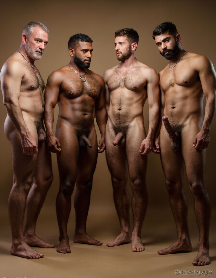Cuatro hombres desnudos de diferentes edades y características físicas, todos con los penes en erección. Un hombre tiene 60 años y tiene una complexión delgada y musculosa, tiene mucho pelo en el pubis, su piel es suave y ligeramente arrugada, con una ligera tonalidad pálida.

Otro hombre tiene 50 años tiene cubierto todo su cuerpo de un denso vello corporal que cubre su torso, brazos y piernas, dándole un aspecto salvaje y viril, su vello es grueso y oscuro, y su cuerpo tiene una forma más musculosa que el del hombre de 60 años.

Otro tercer hombre tiene 40 años, también está muy velludo, su vello es más fino y se concentra principalmente en el pecho y el abdomen, con un poco más de densidad en los brazos y piernas, su cuerpo tiene una forma atlética, con músculos muy definidos.

Otro cuarto hombre tiene 25 años, tiene un cuerpo joven y tonificado, con mucha cantidad vello corporal pero con una piel más radiante y suave, su torso y extremidades están casi completamente cubiertas de vello, lo que resalta su juventud y vitalidad.

Todos los hombres están de pie, con sus penes en erección, destacando su masculinidad. La escena es hiperrealista, con detalles de alta calidad que capturan cada textura y curva de sus cuerpos. La iluminación es suave y cálida, resaltando los contornos y sombras de cada figura, creando un ambiente íntimo y sensual. Los penes de los cuatro hombres están erecto con sus 30 cm de longitud y 5 cm de grueso. Tienen sus penes erectos, desde la uretra del glande del pene eyaculan semen blanco lanzado en abundancia hacia arriba.