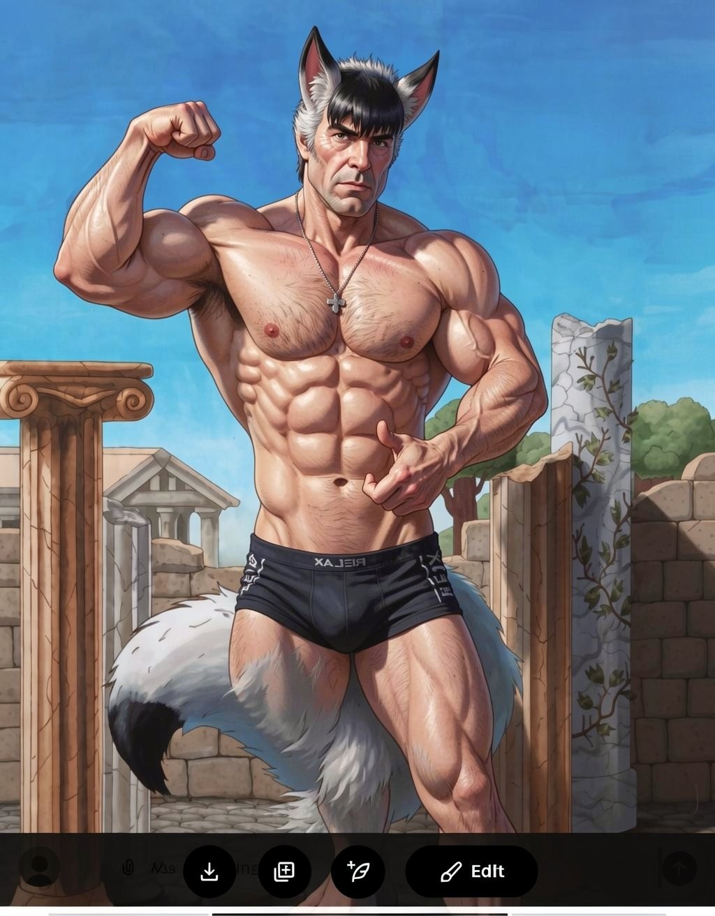 An anthropomorphic man with a fantasy aesthetic poses standing in classical ruins, with pointed wolf ears, a large white-and-black tail, and an extremely muscular physique marked by defined abs, bulky pectorals, and hypertrophied arms. He wears only tight black boxer briefs and a pendant with a cross over his hairy chest, while flexing one bicep and pointing to his torso with a serious expression and a forward gaze. The background combines Greco-Roman-style columns, partially ruined stone walls, climbing vegetation, and a clear blue sky, creating a digital art scene with furry, heroic fantasy, and bodybuilding themes. At the bottom there is a dark interface bar with editing and download icons, as if it were a screenshot inside an application.