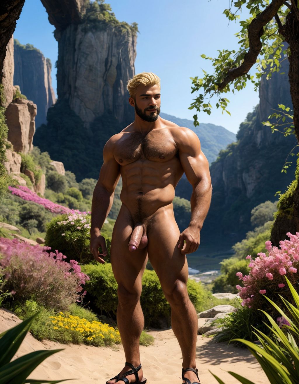 Hombre de 25 años, moreno, desnudo, delgado, pene erecto, testículos grandes y velludos, pecho y brazos velludos, cara delgada, cabello rubio, bigote, mentón prominente, mostrando trasero perfecto, sandalias en pies, parado en un valle florido. Está rodeado por tres hombres totalmente desnudos musculosos y delgados. Tiene pectorales muy definidos.  Con su mano derecha agarra sujeta su pene para masturbarse 