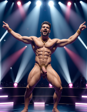 Hermes es el dios de los mensajeros, el comercio, los ladrones, y los viajeros. Tiene sandalias. Tiene pene grande y largo. Tiene testículos muy grandes. Está acariciando su pene. Está cantando en eurovisión. Está bailando en el escenario rodeado de dos bailarines desnudos. Tiene un micrófono en la mano derecha.