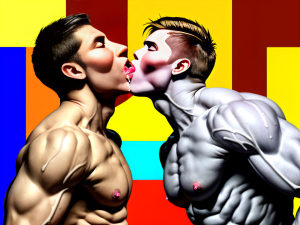 Cuadro expresionista-realista. Dos hombres musculados se dan un beso guarro, tienen diferentes colores y expresión viciosa marcando los rasgos de la cara. Pezones muy marcados en rosa fuerte
